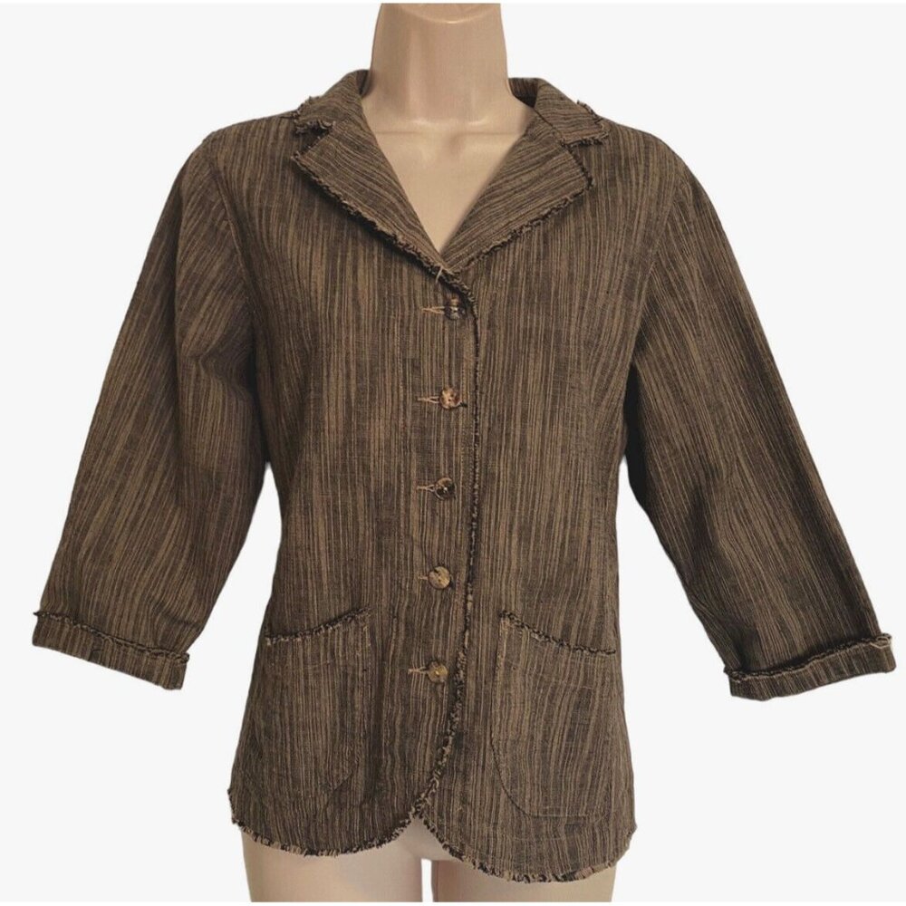 Keen Small Black Tan Blazer Button Down Raw Hem Fringe Pockets 3/4 Sleeve